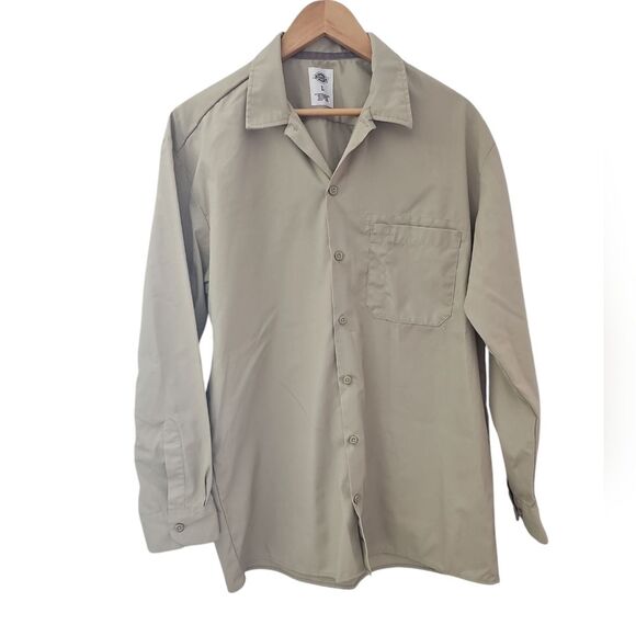 Dickies Long Sleeve Button Up Classic Work Shirt Khaki Greaser Rockabilly Sz L - Picture 1 of 13